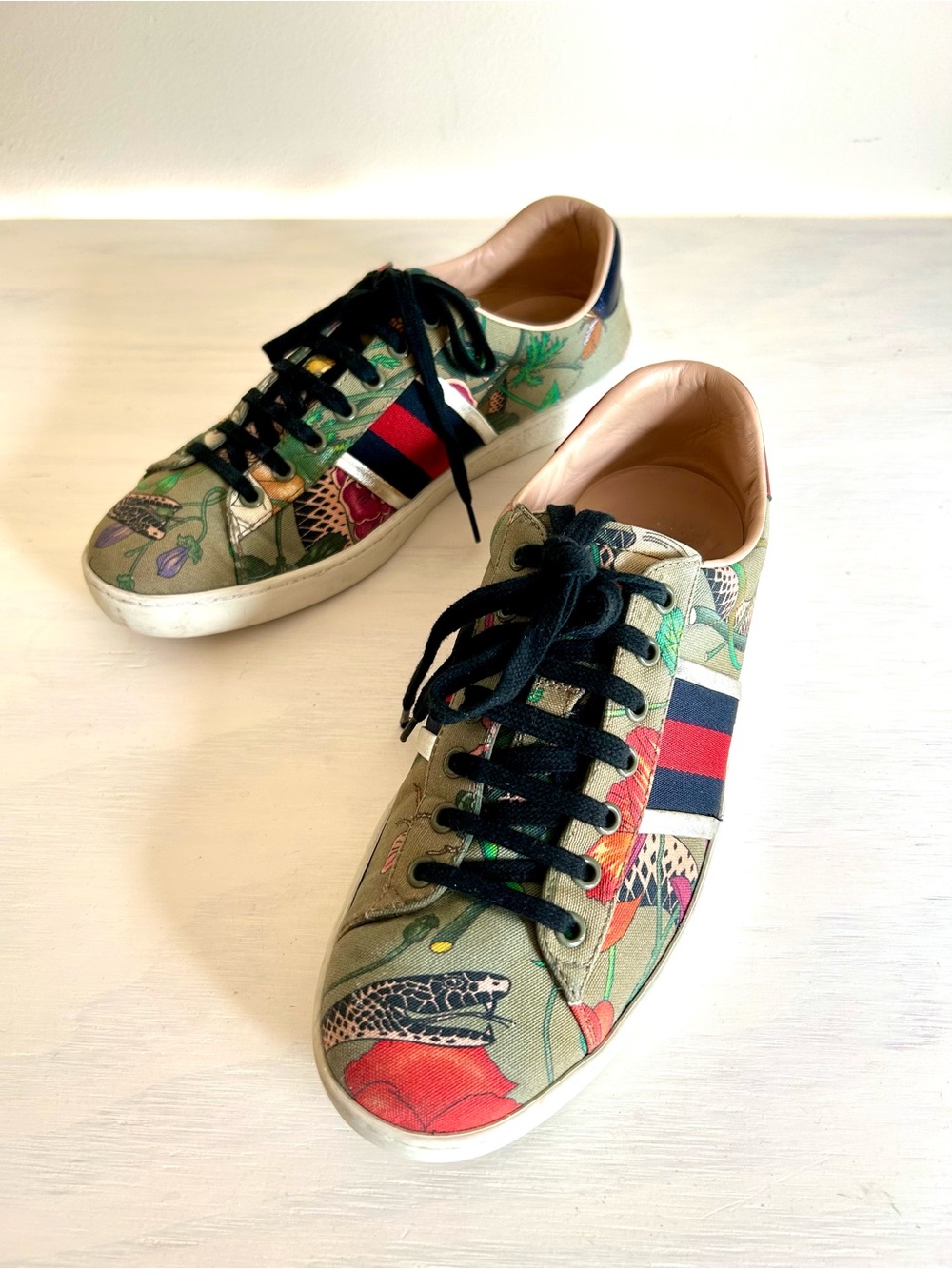 Gucci Flora Snake Print Ace Low Top Sneakers Green Canvas Men’s 7.5